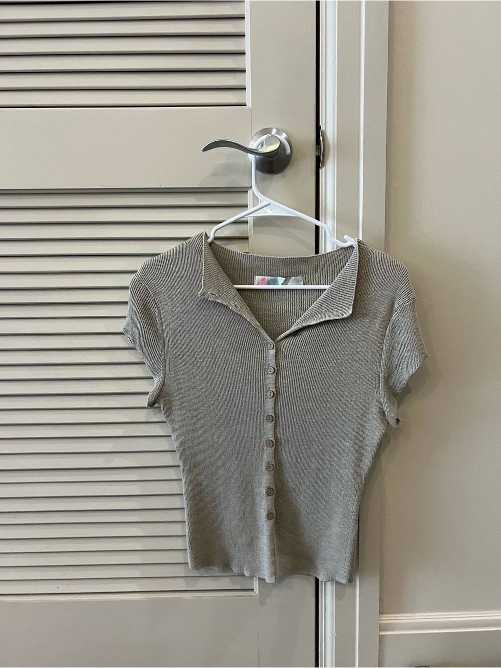 Free People Short-Sleeve Ribbed Button-Down Top - Taupe